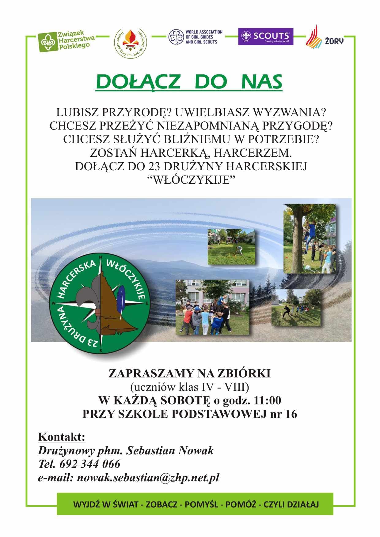 Plakat zachęcający do udziału w zbiórkach druzyny harcerskiej Włóczykije.